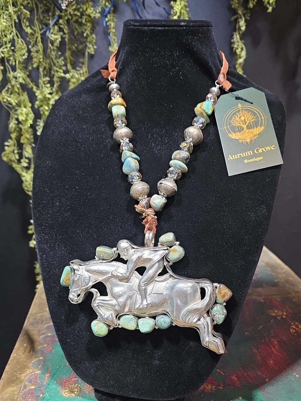 Aurum Grove Artisan MadeTurquoise & Silver Horse Equestrian Statement Necklace